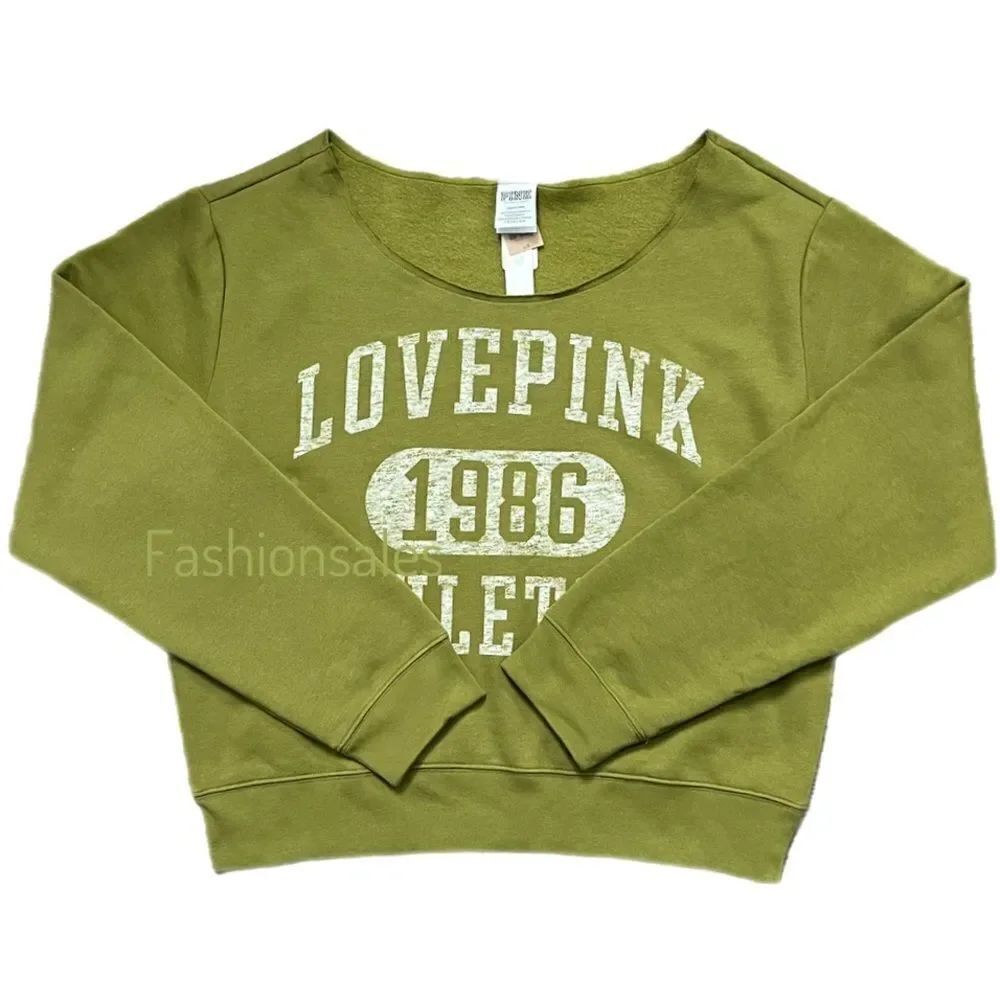 Victorias Secret Pink Everyday Cropped Fleece Off the Shoulder sweatshirt olive